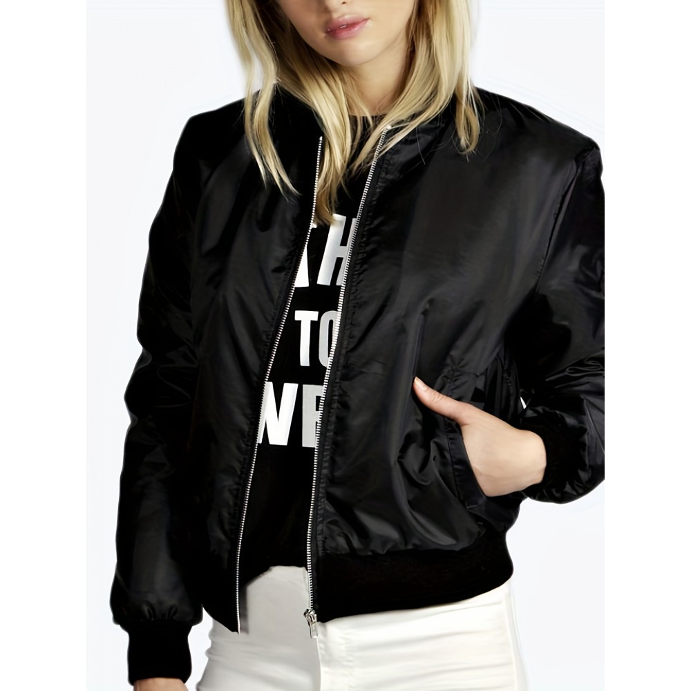 Women'S Classic Bomber Jacket Long Sleeve Stand Collar Zip Up Jacket Loose Fall Outwear