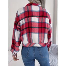 Women's Elegant Structured Jacket - Plaid Checkered Coat (Red/White/Tan) with Classic Collar & Chest Pocket Button Closure, Machine Washable Long Sleeve Blazer for Office, Casual or Formal Wear - Spring/Autumn Outerwear