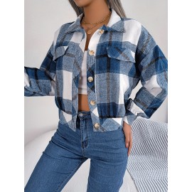 Women's Elegant Structured Jacket - Plaid Checkered Coat (Red/White/Tan) with Classic Collar & Chest Pocket Button Closure, Machine Washable Long Sleeve Blazer for Office, Casual or Formal Wear - Spring/Autumn Outerwear