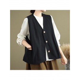 Women's Sleeveless H-Line Regular Fit Jacket - Solid Color Round Neck Winter Coat with Zipper Front Closure, Casual to Semi-Formal Outerwear for Fall & Winter Layering (Blouses/C Dresses under Jacket)