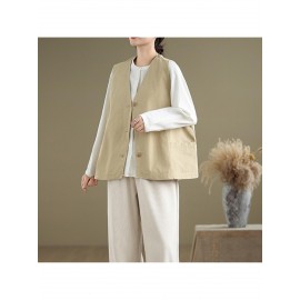 Women's Sleeveless H-Line Regular Fit Jacket - Solid Color Round Neck Winter Coat with Zipper Front Closure, Casual to Semi-Formal Outerwear for Fall & Winter Layering (Blouses/C Dresses under Jacket)