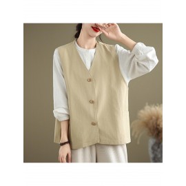 Women's Sleeveless H-Line Regular Fit Jacket - Solid Color Round Neck Winter Coat with Zipper Front Closure, Casual to Semi-Formal Outerwear for Fall & Winter Layering (Blouses/C Dresses under Jacket)