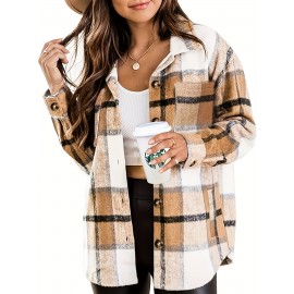 [Plaid Shacket] Plaid Shacket - Women's Long Sleeve Button Overshirt W/ Mid-Weight Warmth | Fall Layering Staple For Work, Weekend & Date Nights