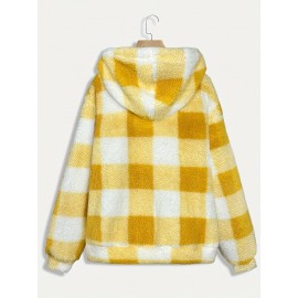 Women'S Plaid Fleece Coat - Mustard-Yellow & Checkered Winter Warmth, Soft Plush Jacket with Full-Zip Front Closure, Cozy Casual Outerwear for Fall & Winter, Winter Clothing, Fall Fashion, Stylish Outerwear, Fashion Lovers