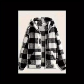 Women'S Plaid Fleece Coat - Mustard-Yellow & Checkered Winter Warmth, Soft Plush Jacket with Full-Zip Front Closure, Cozy Casual Outerwear for Fall & Winter, Winter Clothing, Fall Fashion, Stylish Outerwear, Fashion Lovers