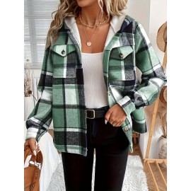 Women's Retro Plaid -Lined Hooded Jacket - Soft Brushed Polyester Button-Front Coat, Cozy Winter Outerwear for Fall & Winter, Casual Elegant Blazer (Single-Breasted Button Closure)