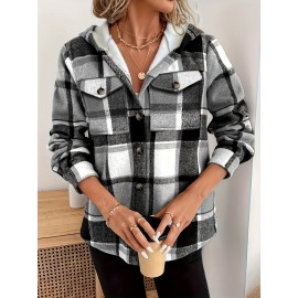 Women's Retro Plaid -Lined Hooded Jacket - Soft Brushed Polyester Button-Front Coat, Cozy Winter Outerwear for Fall & Winter, Casual Elegant Blazer (Single-Breasted Button Closure)