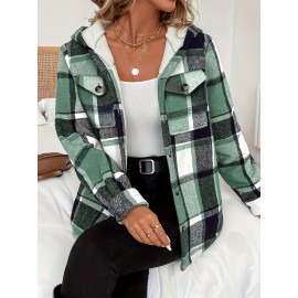 Women's Retro Plaid -Lined Hooded Jacket - Soft Brushed Polyester Button-Front Coat, Cozy Winter Outerwear for Fall & Winter, Casual Elegant Blazer (Single-Breasted Button Closure)