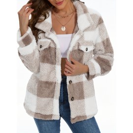 Cozy Plaid Fuzzy Jacket - Soft Thermal Insulation, Button Front, Flap Pockets, Long Sleeve, Casual Chic - Perfect for Fall & Winter, Women's Clothing, Thermal Jacket for Cold Weather