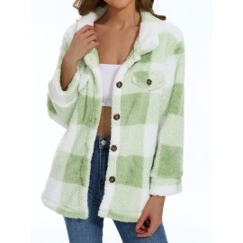 Cozy Plaid Fuzzy Jacket - Soft Thermal Insulation, Button Front, Flap Pockets, Long Sleeve, Casual Chic - Perfect for Fall & Winter, Women's Clothing, Thermal Jacket for Cold Weather