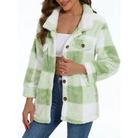 Cozy Plaid Fuzzy Jacket - Soft Thermal Insulation, Button Front, Flap Pockets, Long Sleeve, Casual Chic - Perfect for Fall & Winter, Women's Clothing, Thermal Jacket for Cold Weather