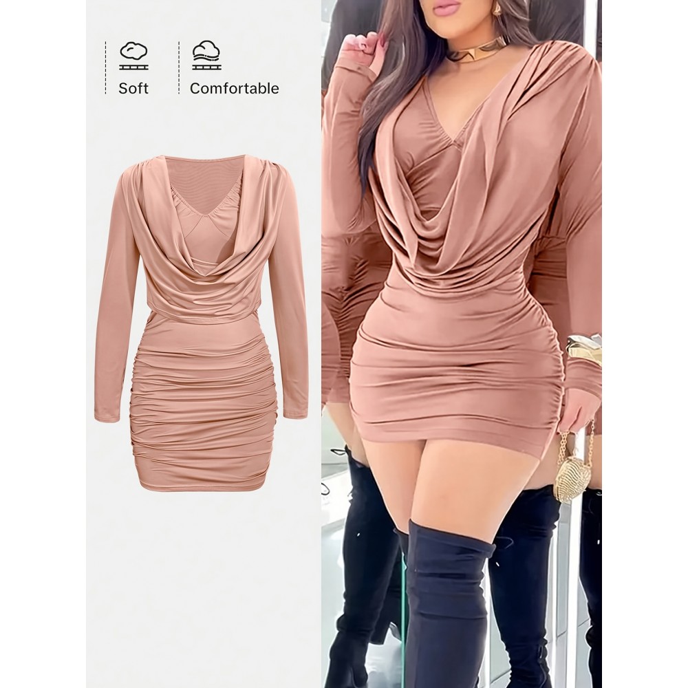 Spring, Summer And Autumn Women's Sexy Dress, V-neck, Solid Color, Tight, Hip-hugging, Ruffled Design, Short Style, Sexy Hip-hugging One-piece Mini Dress