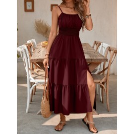 Elegant Mint Green Ruched Spaghetti Strap Maxi Dress for Women - Sleeveless, Cinched Waist, Flowy Vacation Style, Perfect for Spring/Summer, Spaghetti Suspender Dress