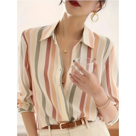 Women'S Casual Striped Long Sleeve Shirt - And Vertical Stripes, Lightweight, Classic Collar Design, Versatile for Spring/Summer/Fall