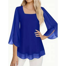 Women's Elegant Royal Blue Blouse - Non-See-Through Chic Chic Office to Party Top, Machine Washable Chiffon Shirt for Women Q293, Summer Wardrobe Essential, Flared Sleeves, Stylish Detailing, Fashionable Top, Trendy Outfit