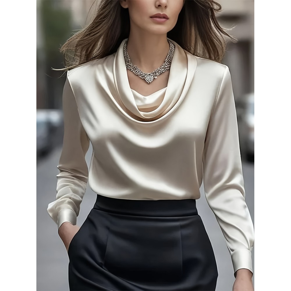 [Solid Color Versatile] Elegant Women's Long Sleeve Blouse - Soft Wrinkle-Resistant, Button-Front, Round Neck & Collar, All-Season Office Shirt