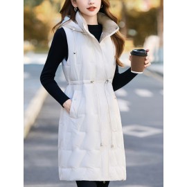 Women'S Mid-Length Hooded Vest in a Warm Design, Perfect for Autumn And Winter, Featuring a Loose Fit And Korean Style.