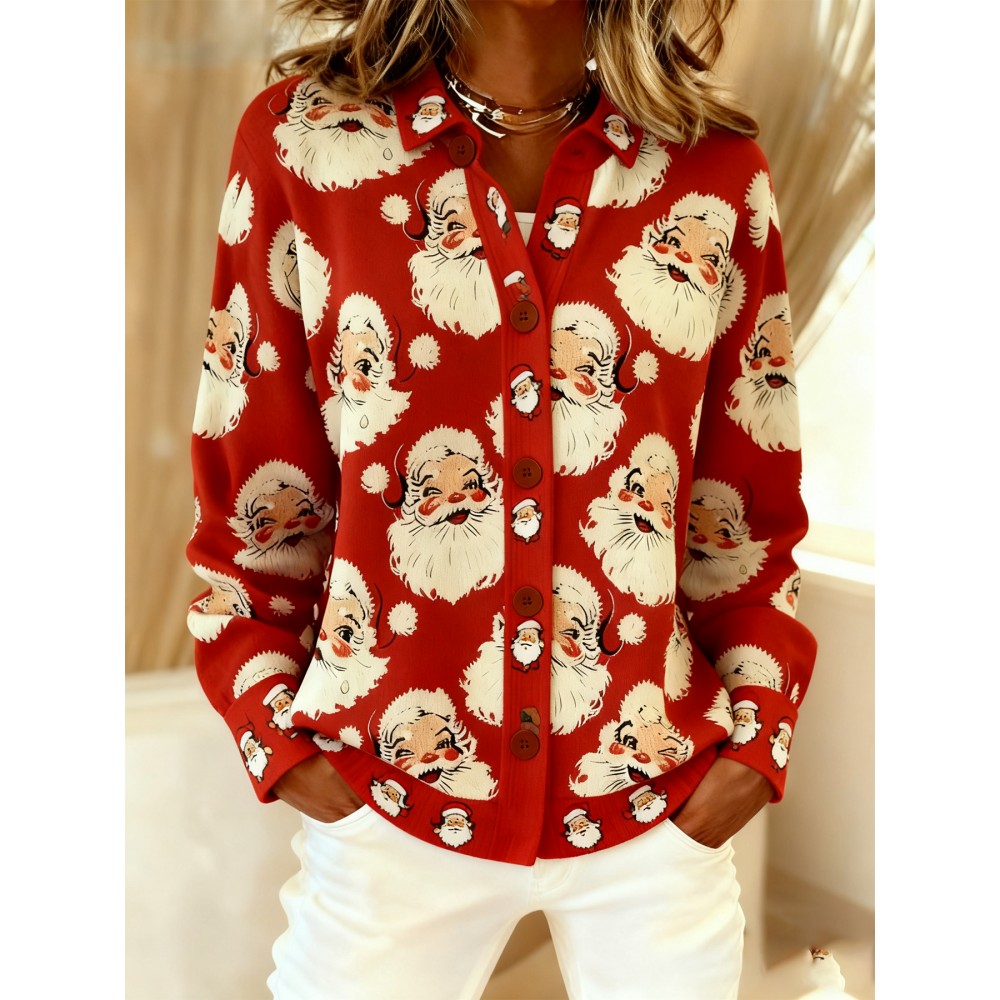 Women's Lapel Button Front Cardigan Jacket with Santa Claus & Christmas Prints - Warm Winter Coat for Christmas Parties, Lapel Collar Outerwear, Machine Washable Blazer (Autumn/Winter), 2D Flat