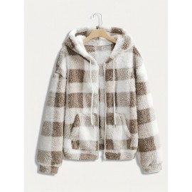 Women'S Plaid Fleece Coat - Mustard-Yellow & Checkered Winter Warmth, Soft Plush Jacket with Full-Zip Front Closure, Cozy Casual Outerwear for Fall & Winter, Winter Clothing, Fall Fashion, Stylish Outerwear, Fashion Lovers