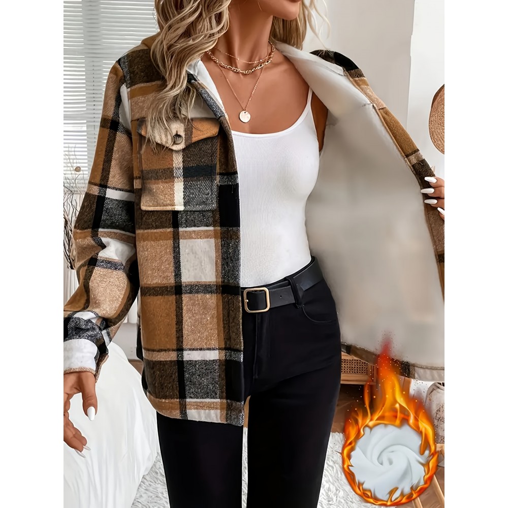 Women's Retro Plaid -Lined Hooded Jacket - Soft Brushed Polyester Button-Front Coat, Cozy Winter Outerwear for Fall & Winter, Casual Elegant Blazer (Single-Breasted Button Closure)